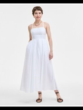 White Square-Neck Midi Dress with Spaghetti Straps On 34th Size 6 NWT